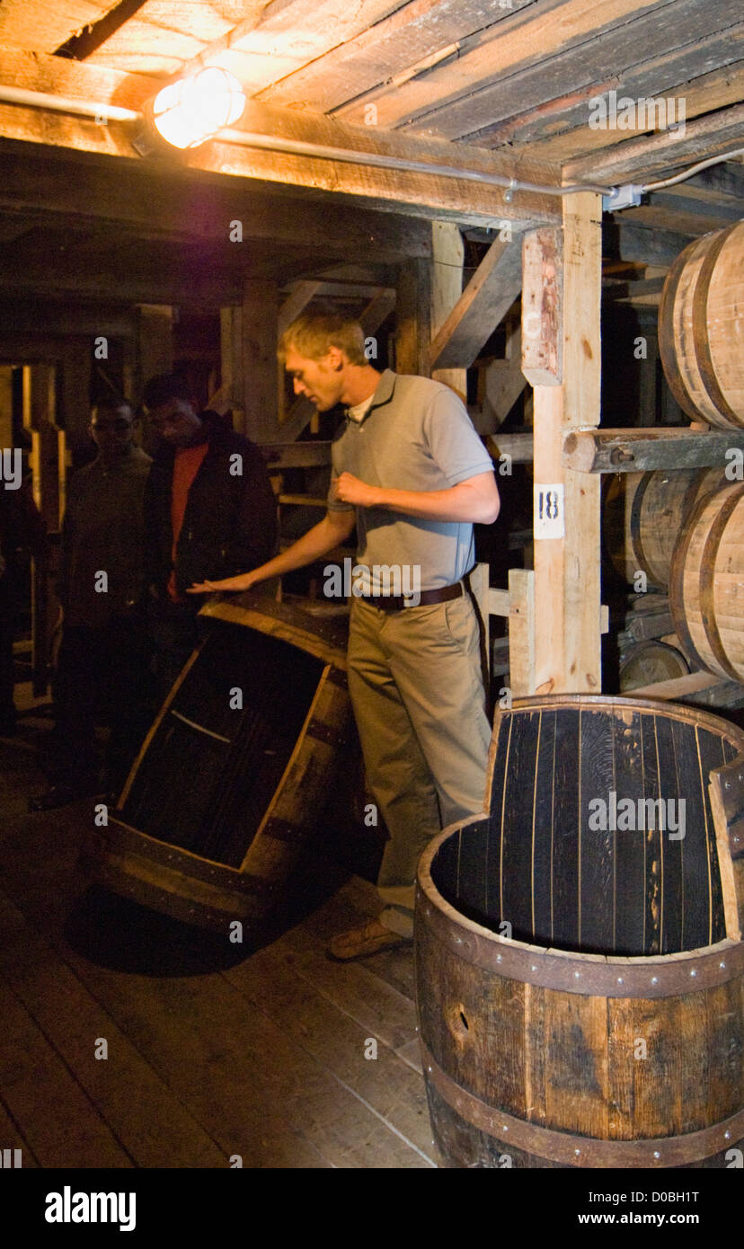 Tour Guide Explaining the Char inside the White Oak Barrels at Maker's Mark Distillery in Loretto, Kentucky Stock Photo