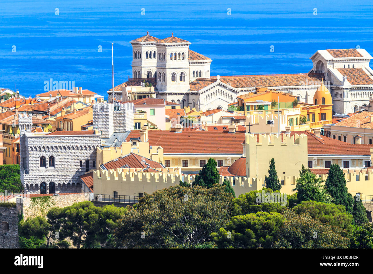 Panoramic view of Monaco with palace (Chateau Grimaldi), old town, cathedral and Oceanography museum Stock Photo