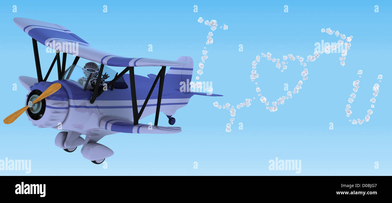3D render of a robot flying a biplane sky writing Stock Photo - Alamy
