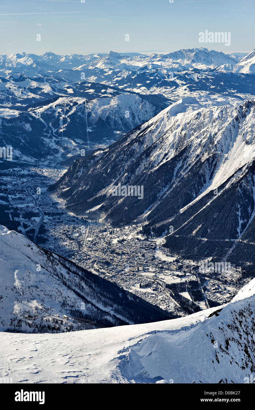 Chamonix valley from Grands Montets, Argentieres, France. Stock Photo