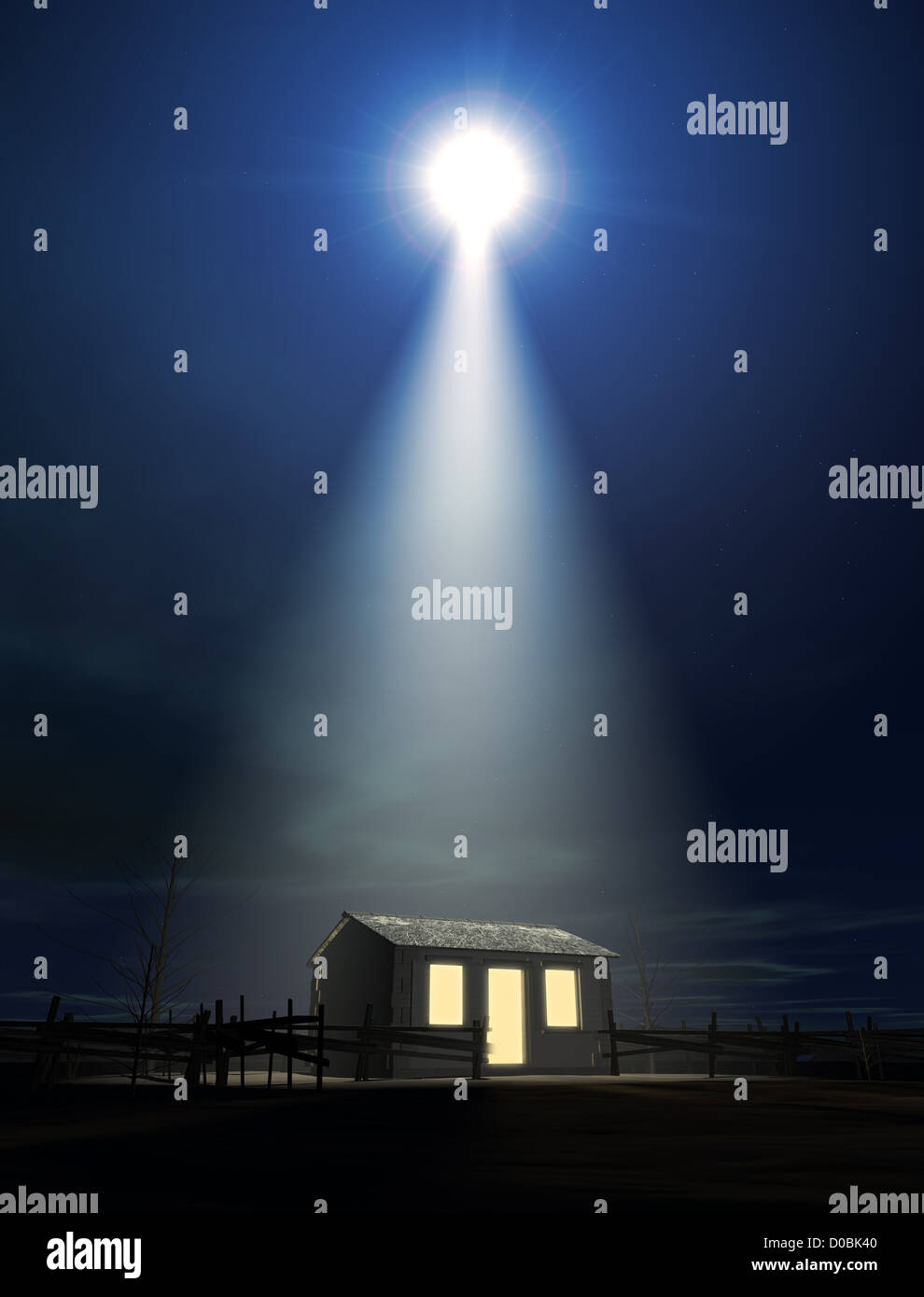 A depiction of the nativity scene of christs birth in bethlehem with the isolated run down stable being lit by a bright star Stock Photo
