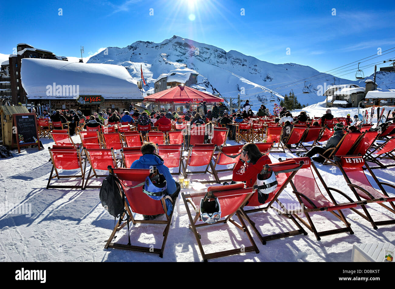 People relaxing, Avoriaz, french alps. Stock Photo