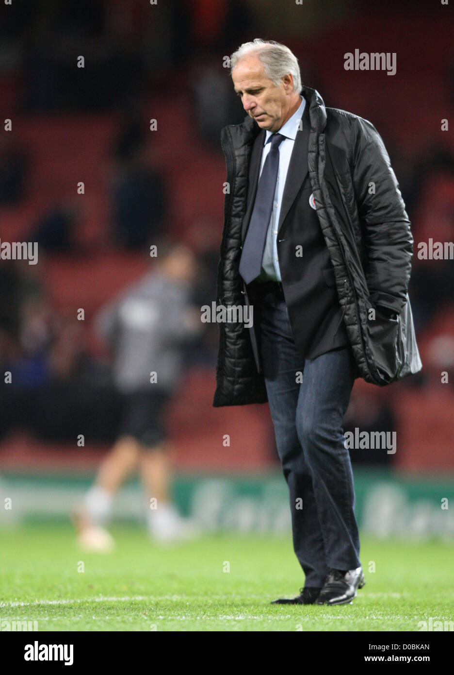 21.11.2012 London, England.  Rene Girard Manager of Montpellier HSC during the Champions League Group B game between Arsenal and Montpellier HSC from Emirates Stadium. Stock Photo