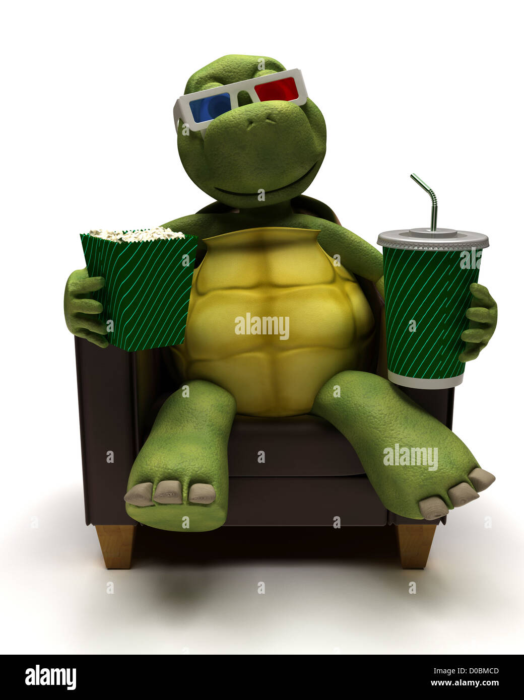 3D Render of a Tortoise watching a movie with popcorn and soda Stock Photo