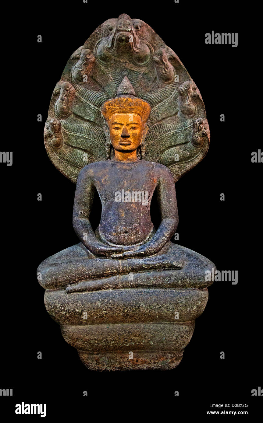 Buddha sheltered by Naga's Hood Lopburi art style 13th Cent AD Wat Na Phra Men Ayuddhaya National Museum Bangkok Thailand Stock Photo