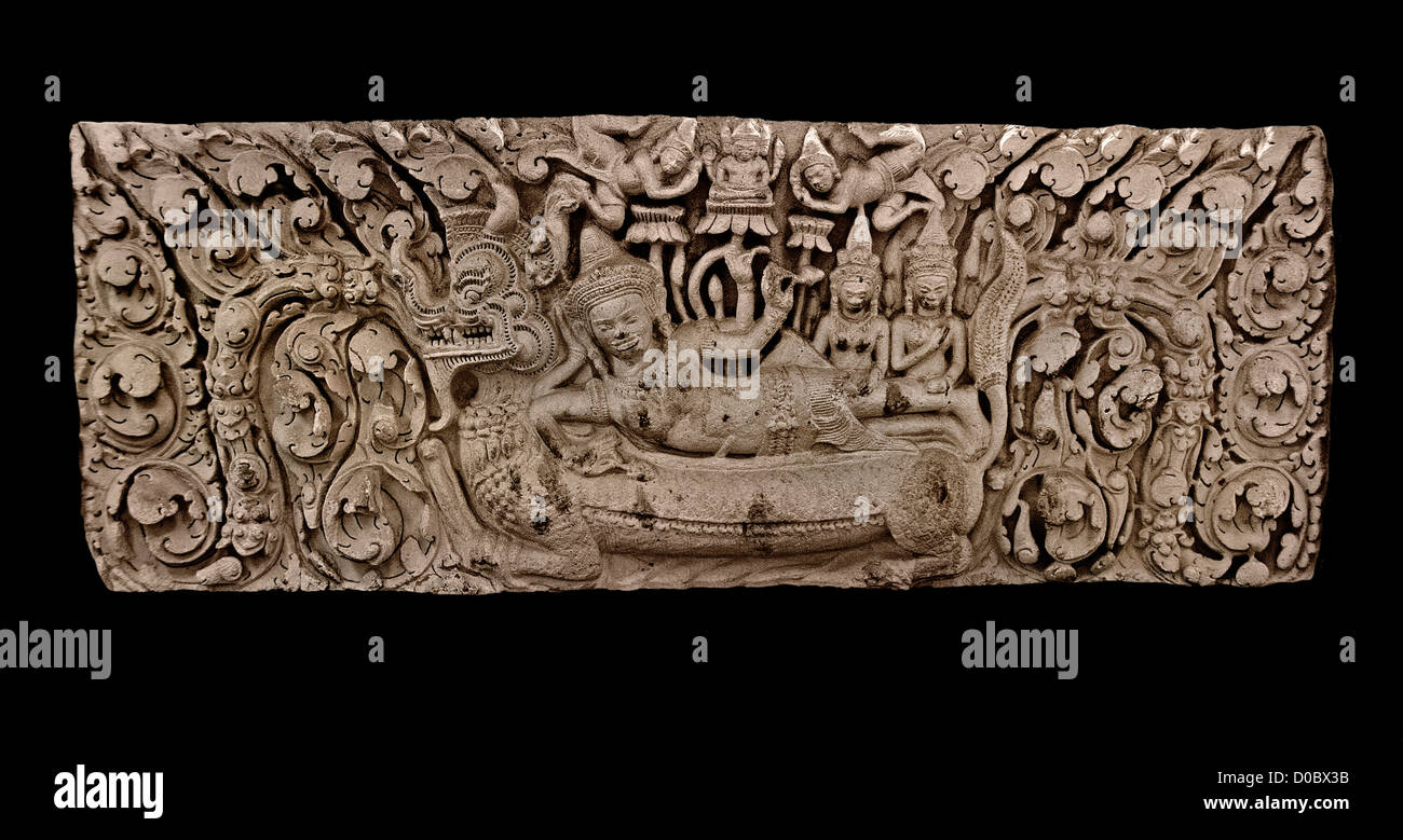 Lintel Vishnu reclining serpent Ananta Kmer art Baphuon style11-12 cent Prasat Phanom Rung Burirum National Museum Bangkok Thai Stock Photo