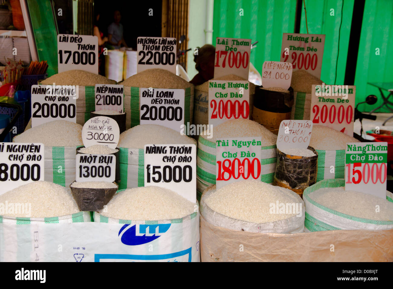 Bags of rice at Huynh Thuc Khang street market in Ho Chi Minh City Vietnam. Stock Photo