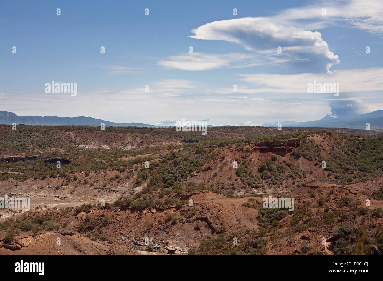 Olduvai Gorge, Overshadowed by Eruption of Ol Doinyo Lengai, the 'Mountain of God' Stock Photo