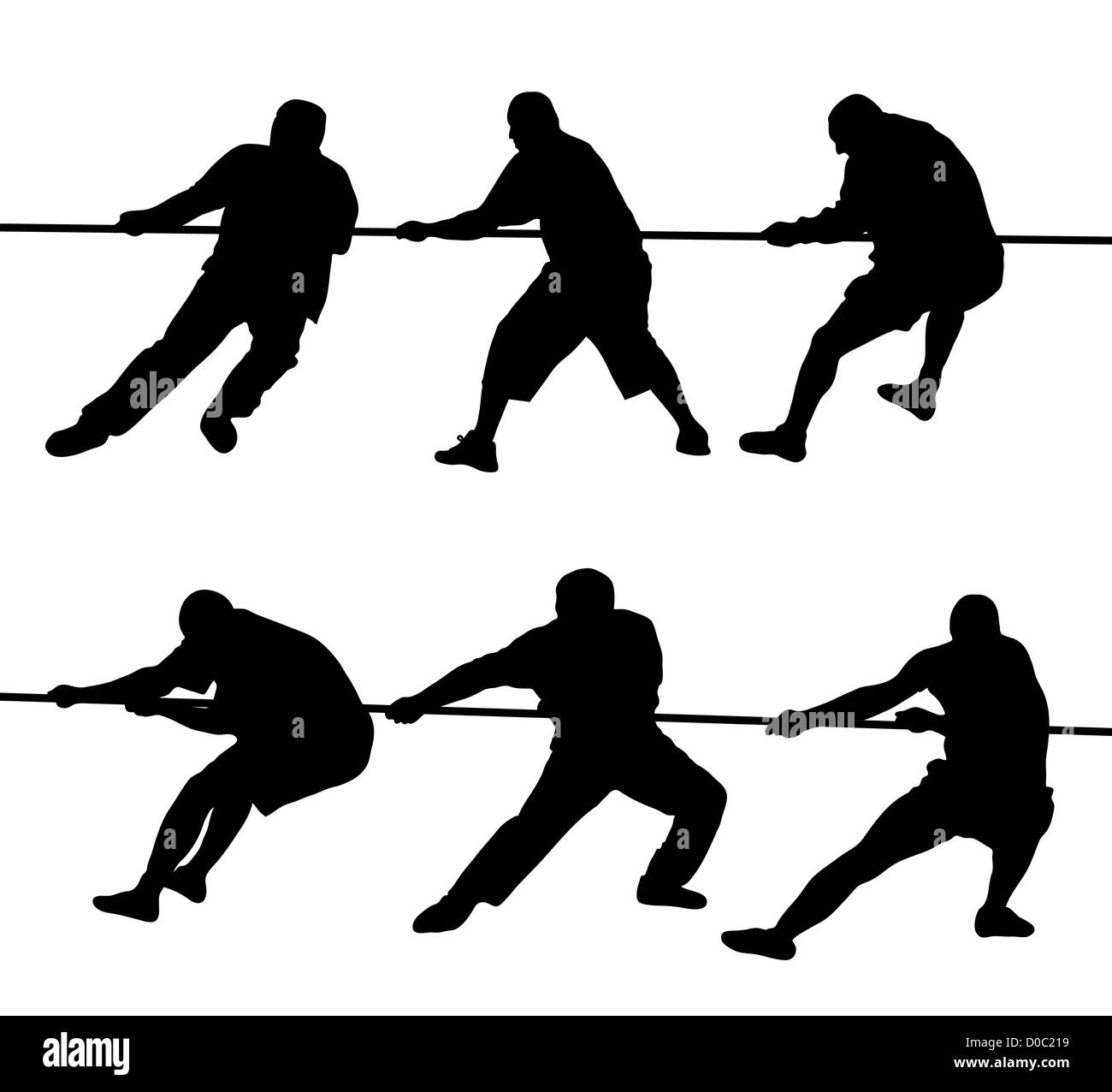 Black silhouettes of people pulling rope Stock Photo