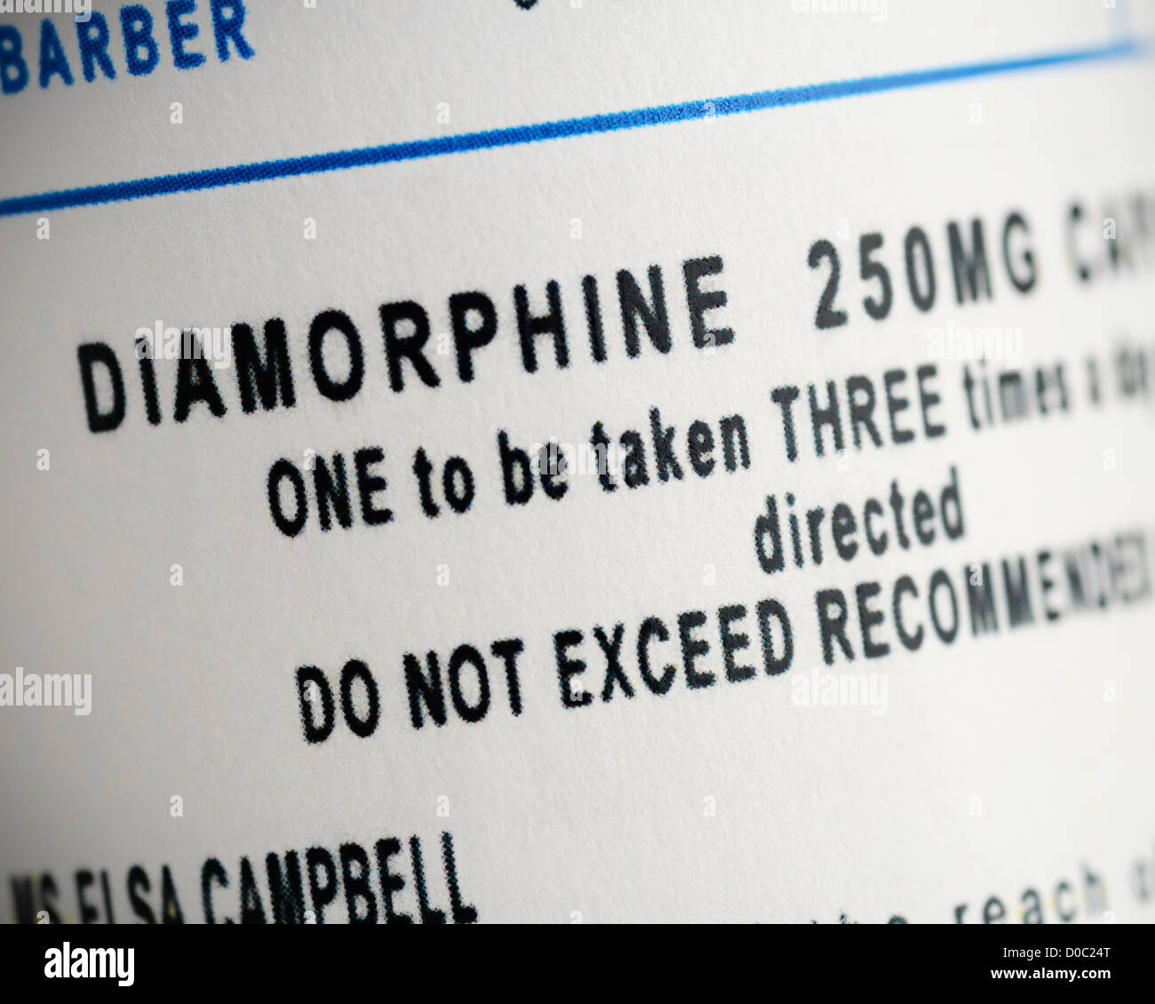 Label on a Bottle of Diamorphine Capsules. Close Up. Stock Photo
