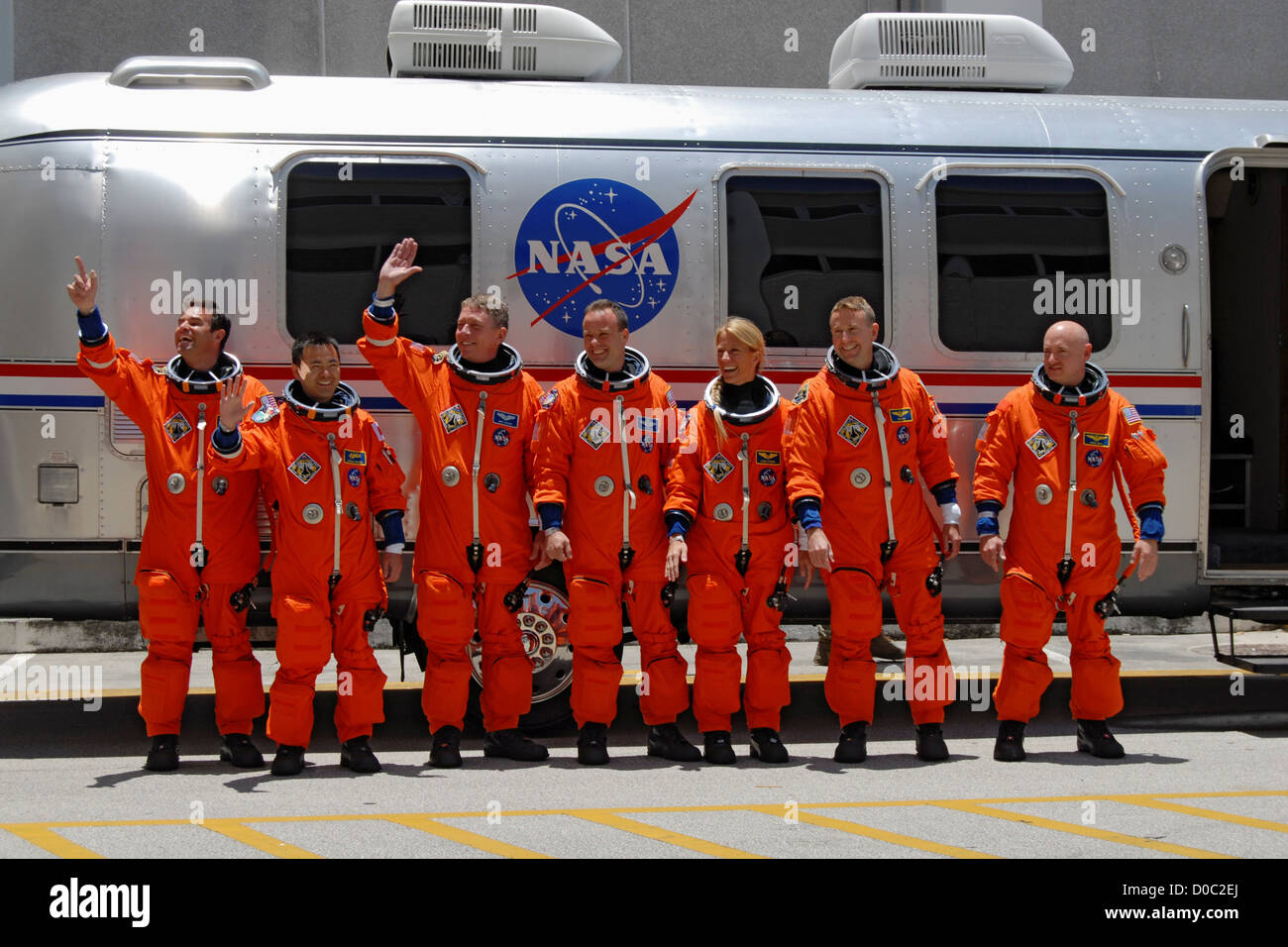 The seven-member STS-124 crew exits Operations & Checkout Building boards Astrovan 20 minute ride Launch Pad 39A. left are: Stock Photo