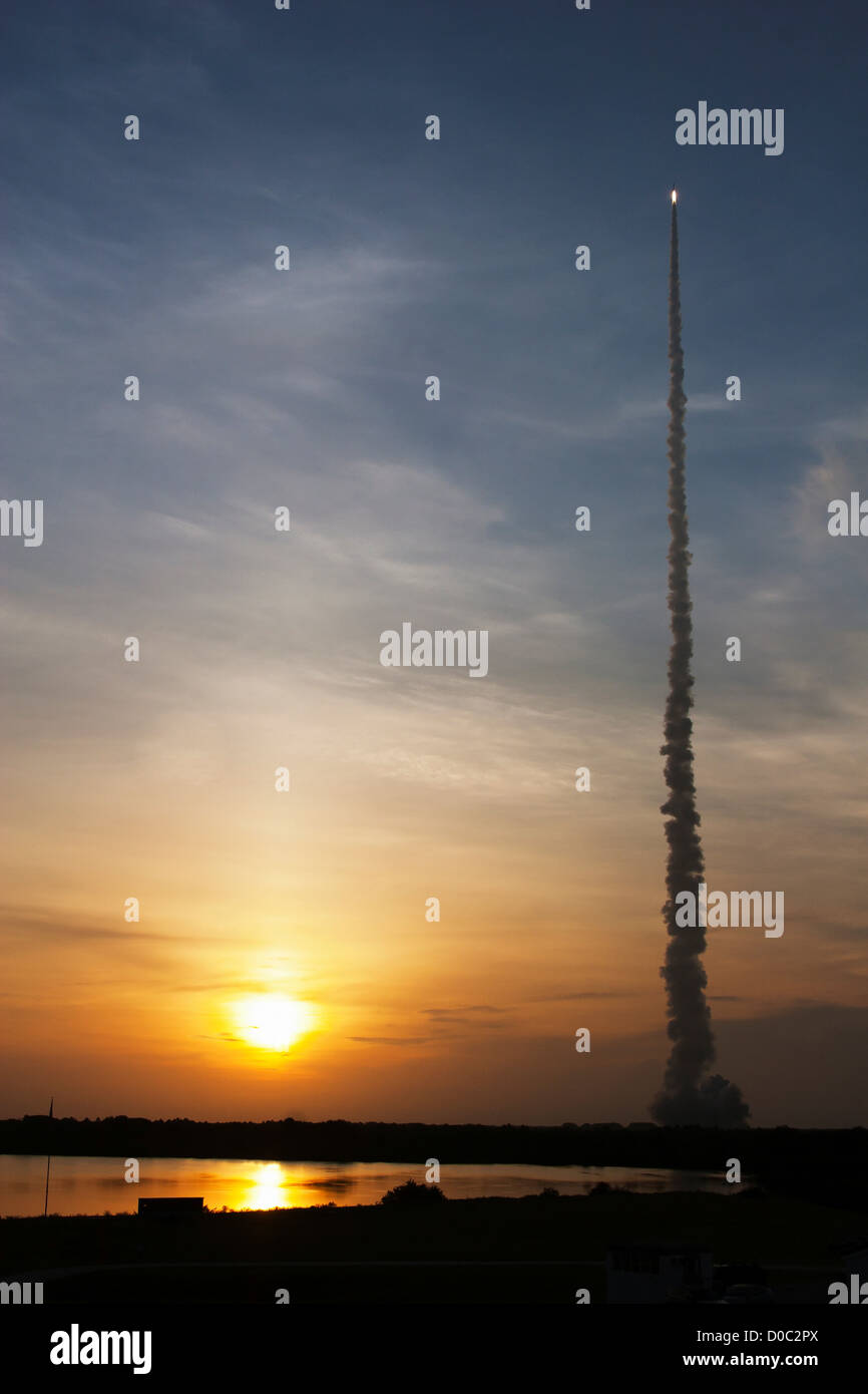 Atlas V launches AEHF-1 (Advanced Extremely High Frequency) military comsat (also known as USA-124) at sunrise. Stock Photo