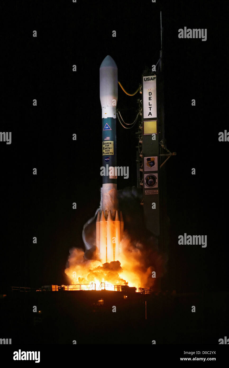 A Delta II rocket launches NASA's Kepler telescope, the first telescope designed to seek out Earth-like planets in our galaxy. Stock Photo