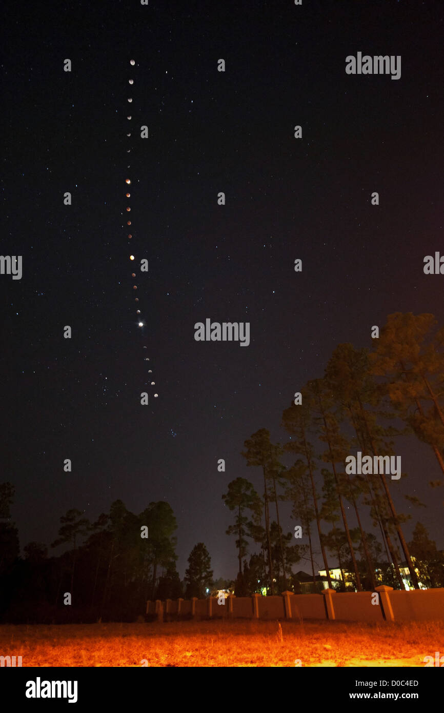 A multiple-exposure sequence captures the total lunar eclipse of December 21, 2010, near Daytona Beach, Florida. Stock Photo