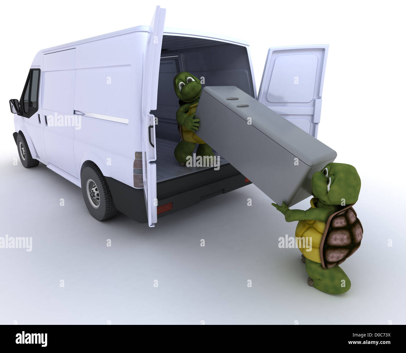 3D render of a tortoises loading a refridgerator into a van Stock Photo