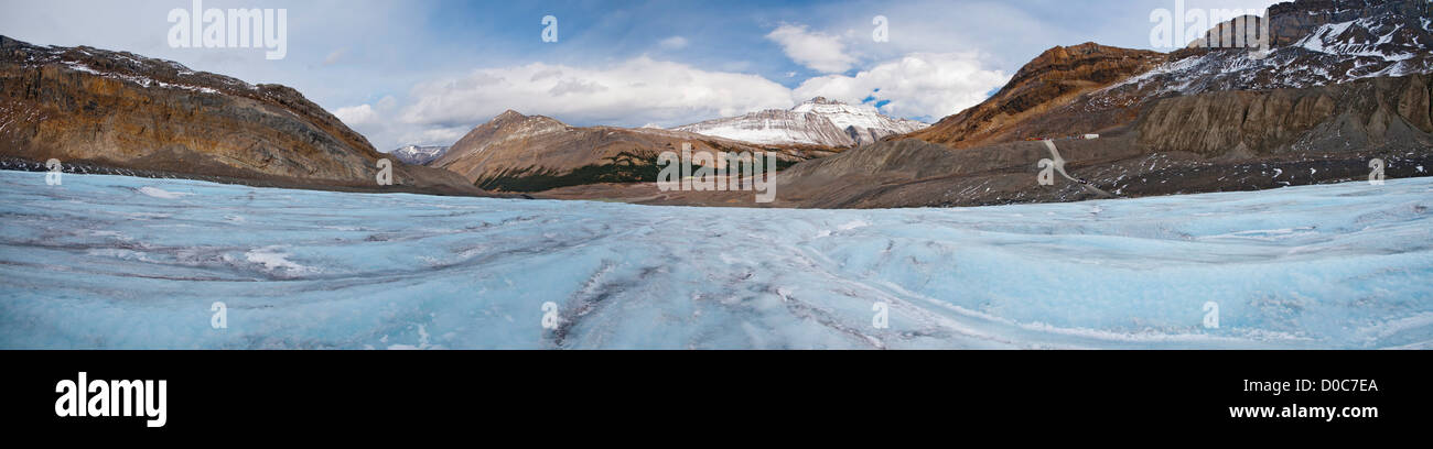A panorama shows the blue ice of Athabasca Glacier in the Canadian Rockies. Stock Photo