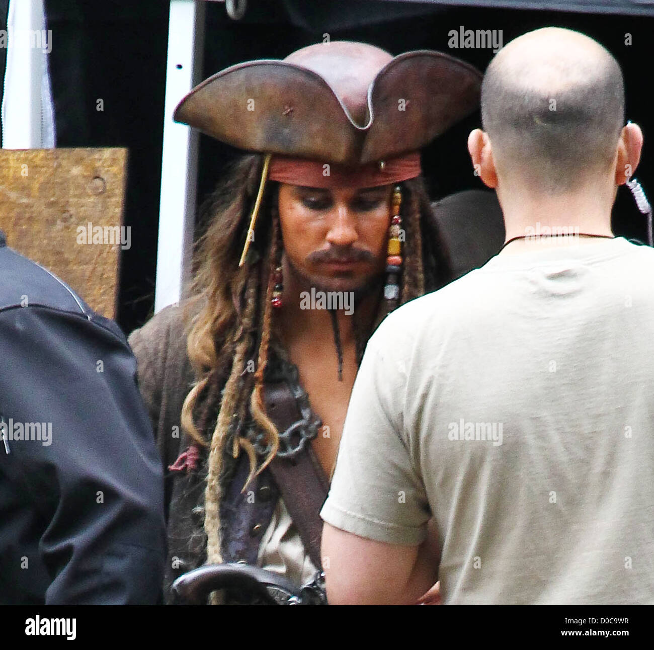 Stunt double for Johnny Depp's Captain Jack Sparrow on the film set of 'Pirates of the Caribbean: On Stranger Tides' filming on Stock Photo