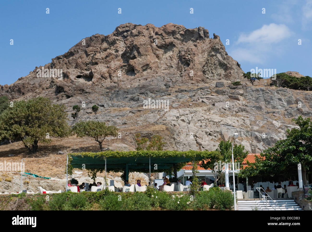 openair restaurant with pergola in Myrina, Lemnos, Greece Stock Photo
