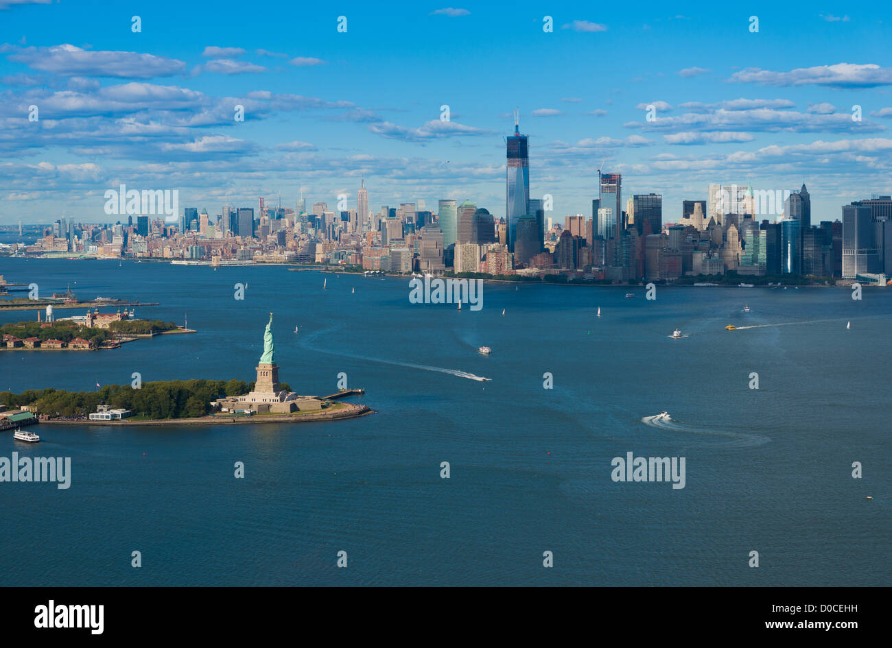 Panorama of New York: Statue of Liberty, Manhattan and Hudson river Stock Photo