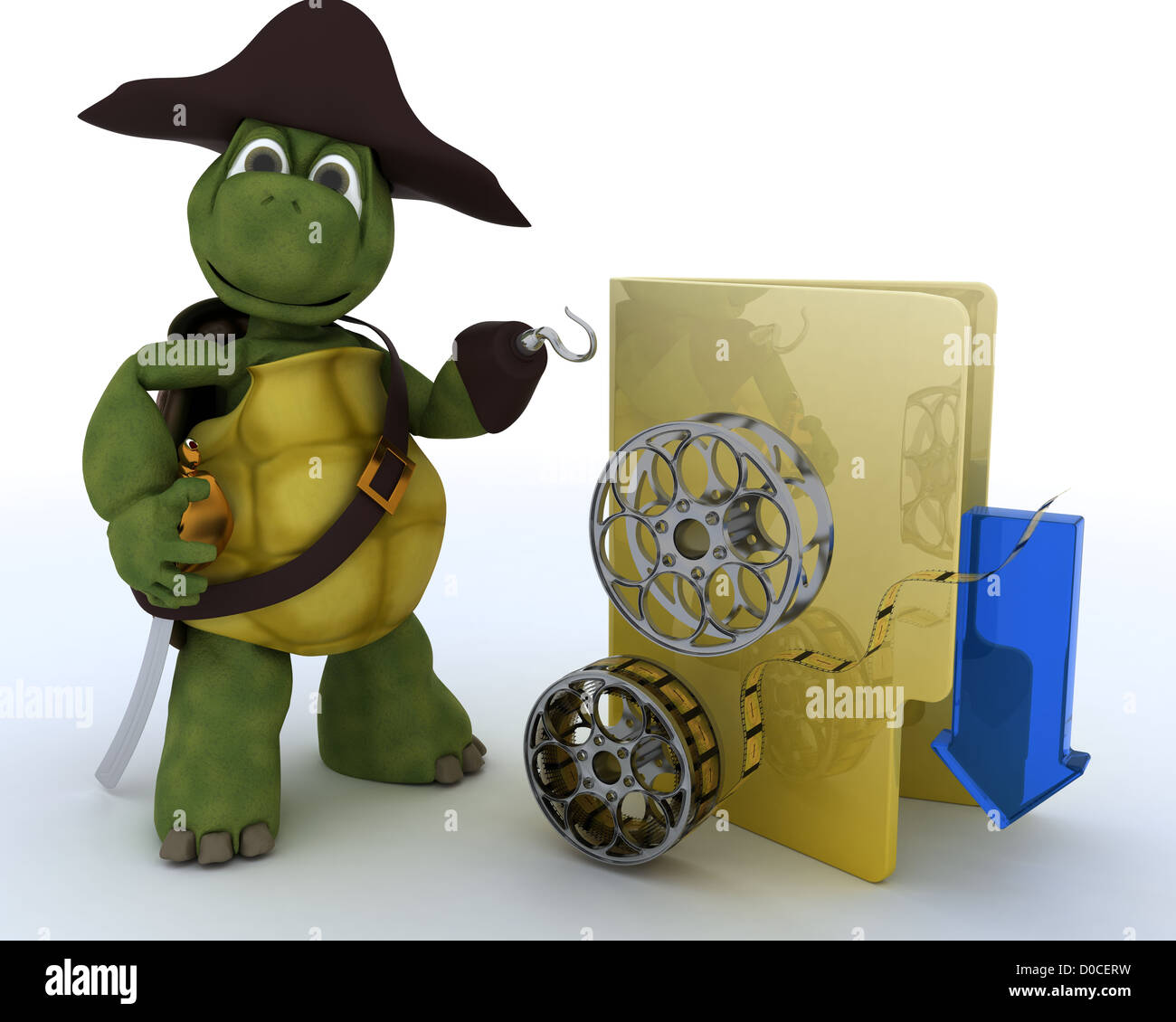 3D render of a Pirate Tortoise depicting illegal movie downloads Stock Photo