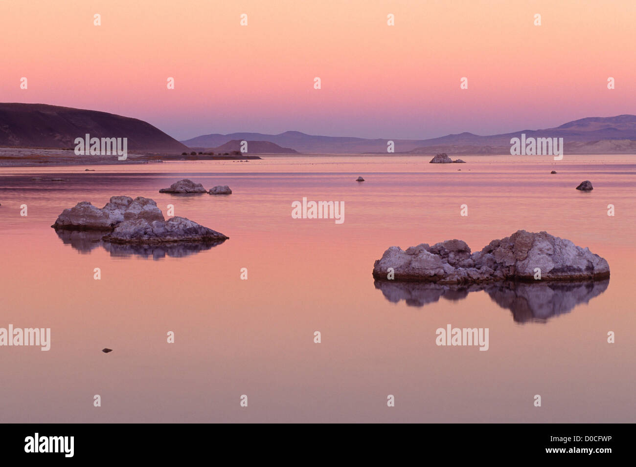 Tufa Formations and Reflections in Mono Lake at Dusk Stock Photo