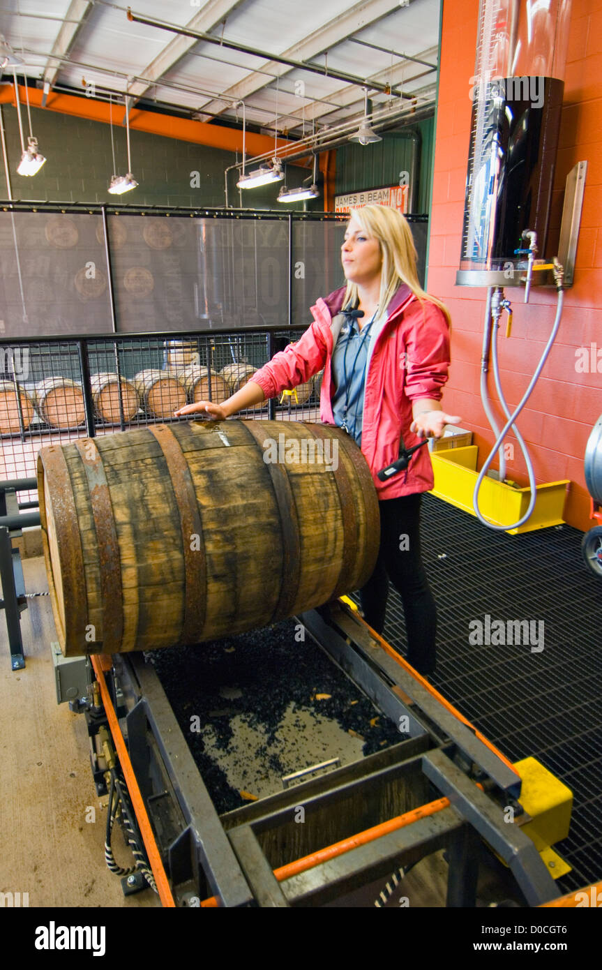 Tour Guide Speaking Emptying Aged Barrelsof Knob Creek Bourbon Whiskey at Jim Beam Distillery in Clermont, Kentucky Stock Photo