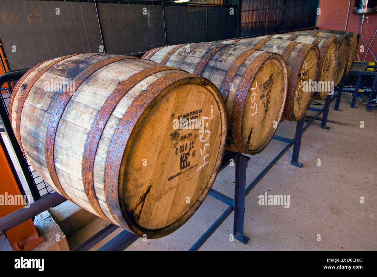 Barrels of Aged Knob Creek Bourbon Whiskey Ready to be Emptied at Jim Beam Distillery in Clermont, Kentucky Stock Photo