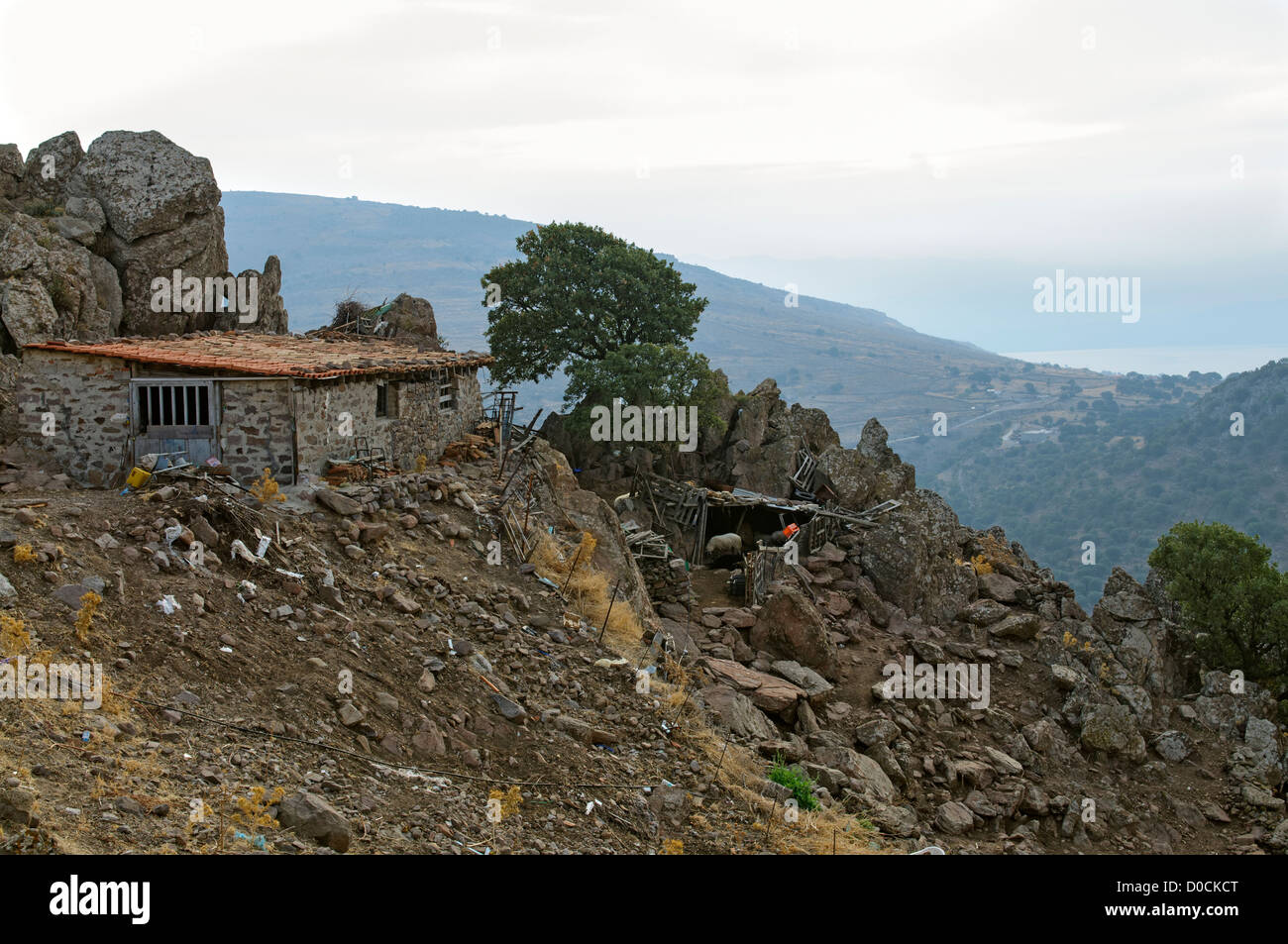 Sheep pen on a rugged hillside Stock Photo