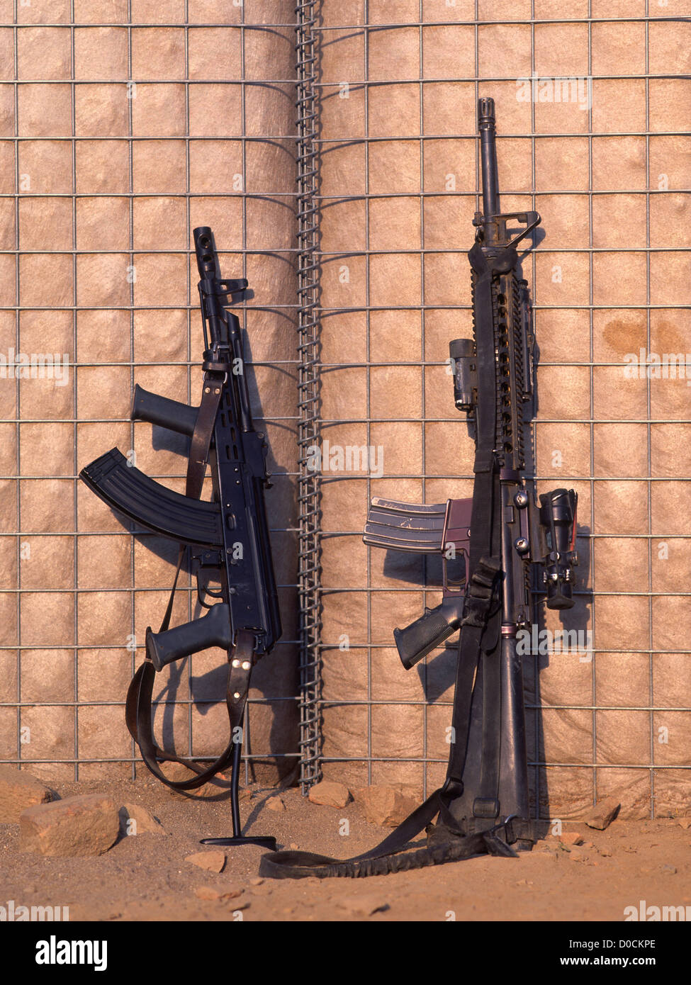 An Colt M-16 Paratrooper Variation Kalashnikov AK-47 Rest Side Side Fire Base Watapor Village In Kunar Province Afghanistan Stock Photo