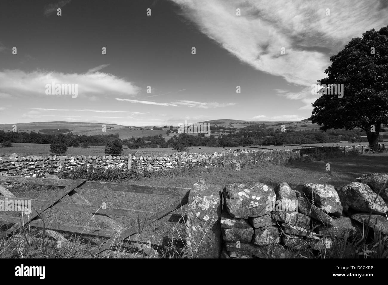 Black and White Panoramic Landscape view over Middleton in Teesdale, Teesdale, Durham County, England, Britain, UK Stock Photo