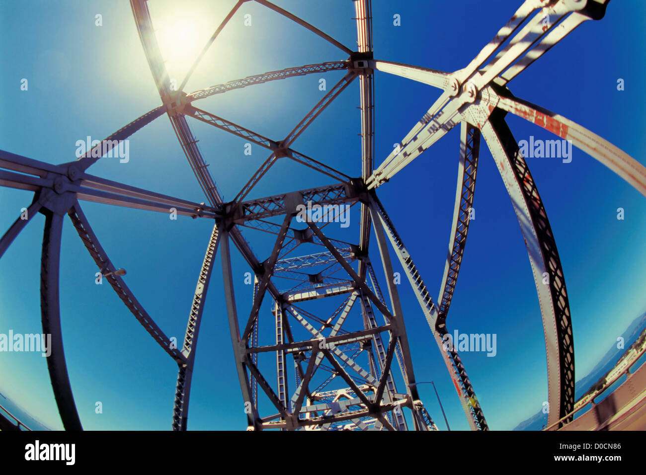 Fisheye View of a Steel Truss Cantilever Bridge Stock Photo