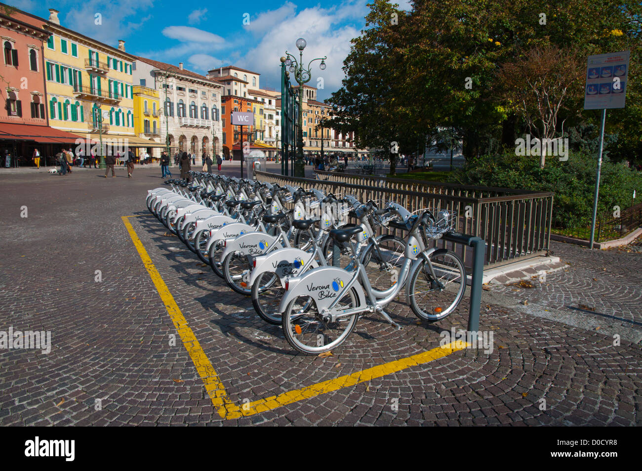 Verona bike cycling scheme bicycle stand Piazza Bra square central Verona city the Veneto region northern Italy Europe Stock Photo