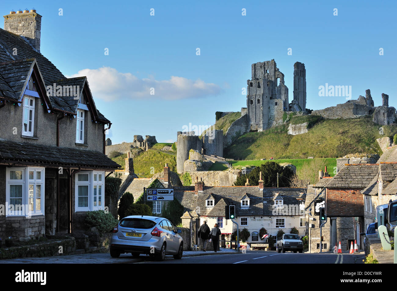 Ruins of the medieval Corfe Castle on the Isle of Purbeck along the Jurassic Coast in Dorset, southern England, UK Stock Photo