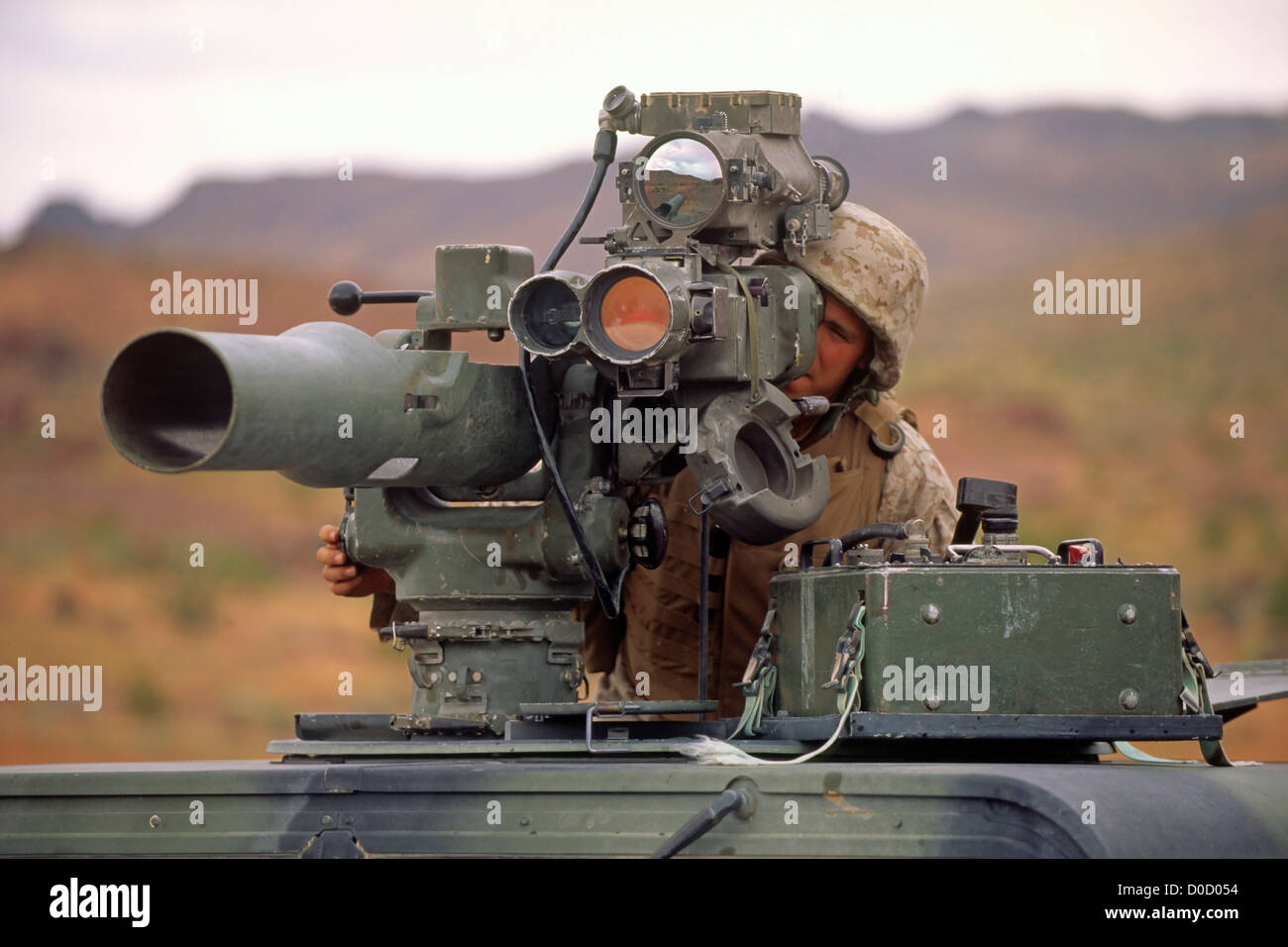 A US Marine Prepares to Fire a TOW Missile During a Training Exercise Stock Photo