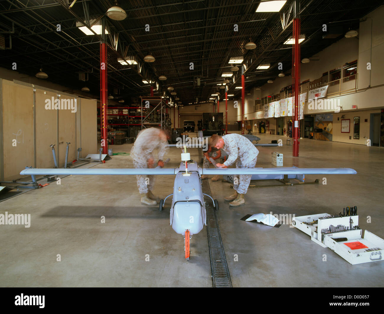 US Marine Technicians Prepare a Pioneer UAV for a Mission Stock Photo