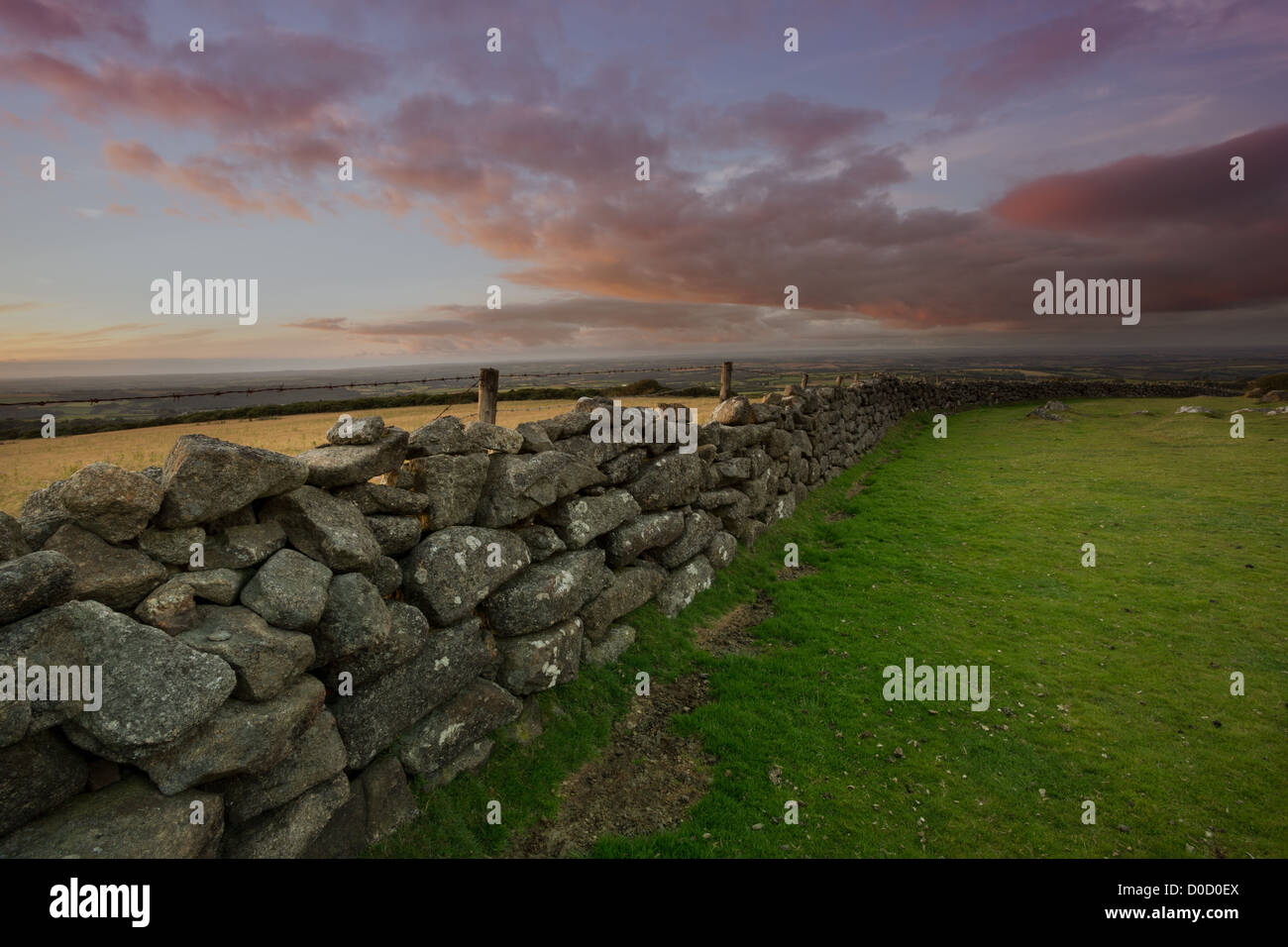 A dry stone wall on Belstone Common at sunset,Dartmoor National Park,Devon,England Uk Stock Photo
