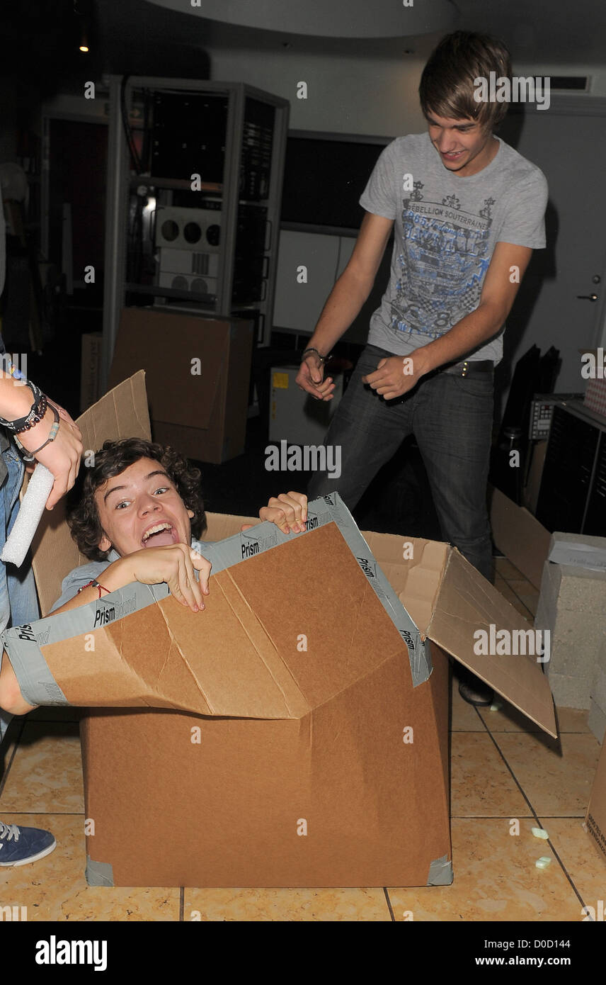 X Factor contestant Liam Payne from boy band One Direction, pulls fellow  band member Harry Styles out of a huge cardboard box Stock Photo - Alamy