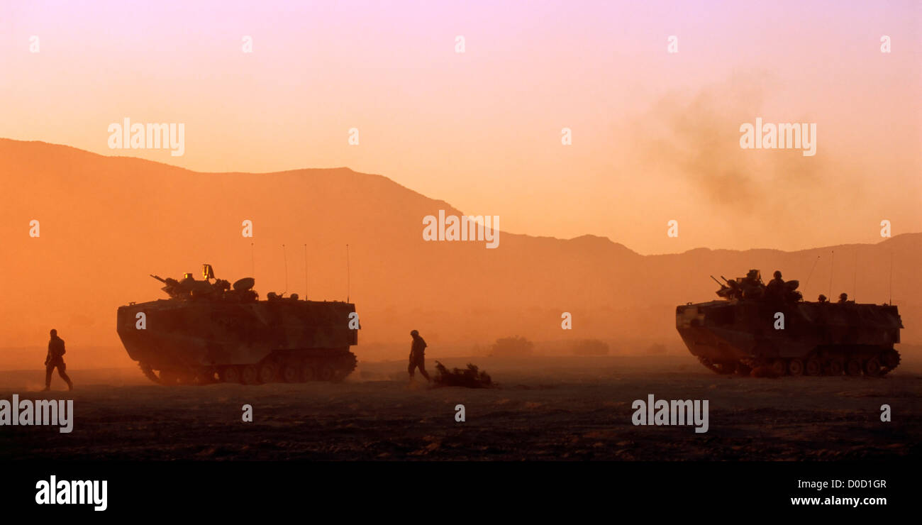 US Marine Corps Amphibious Assault Vehicles at Sunset Stock Photo