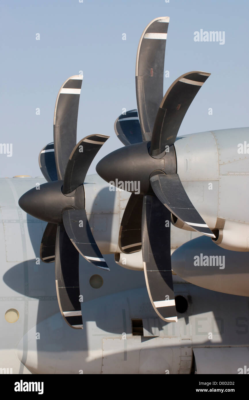 Detail View of Propellers of a US Marine Corps C-130J Hercules at Al Asad Air Base in Iraq's Al Anbar Province Stock Photo