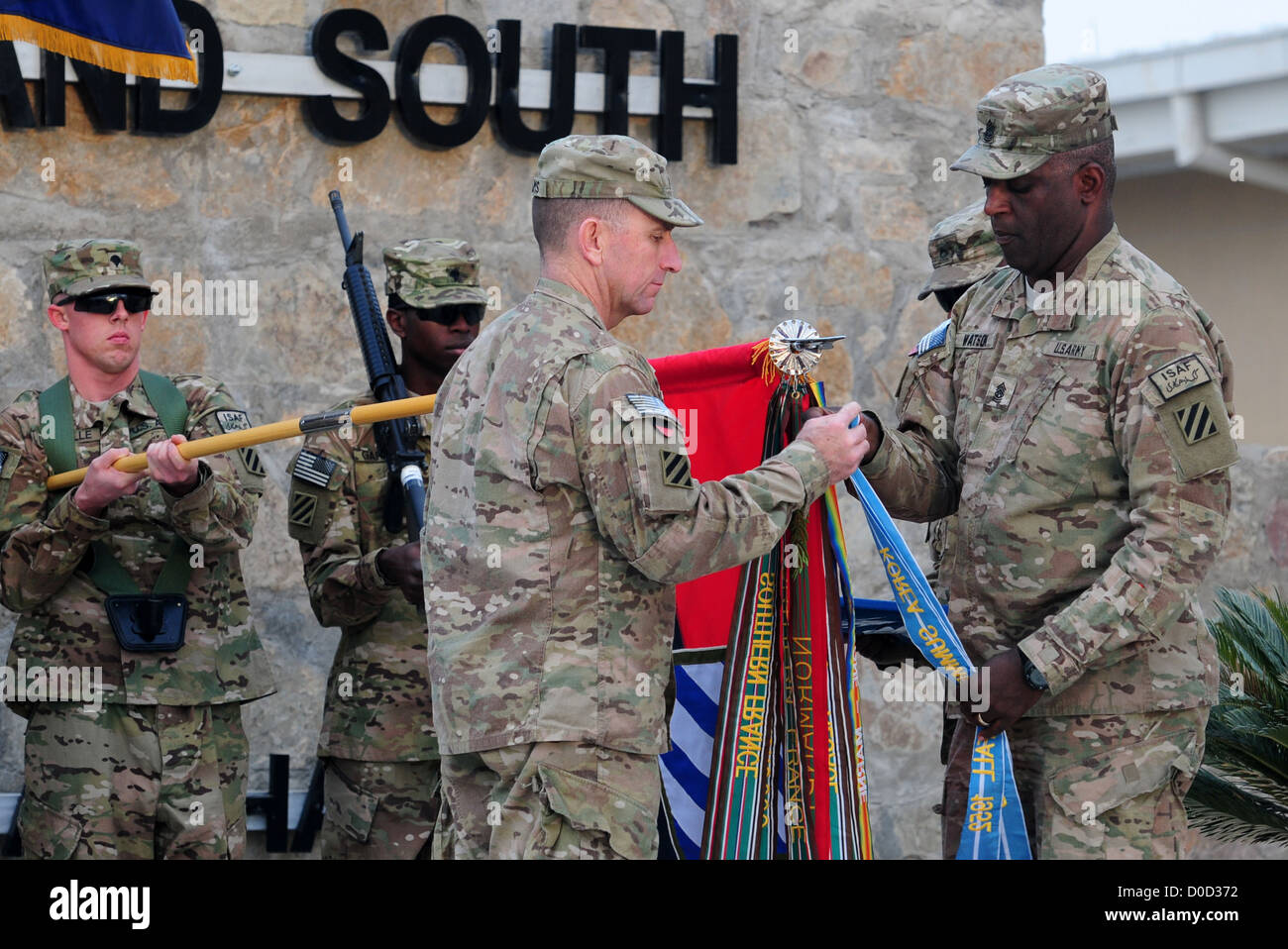 Maj. Gen. Robert â€œAbeâ€ Abrams, 3rd Infantry Division and Regional Command (South) commanding general, and Command Sgt. Maj. Stock Photo