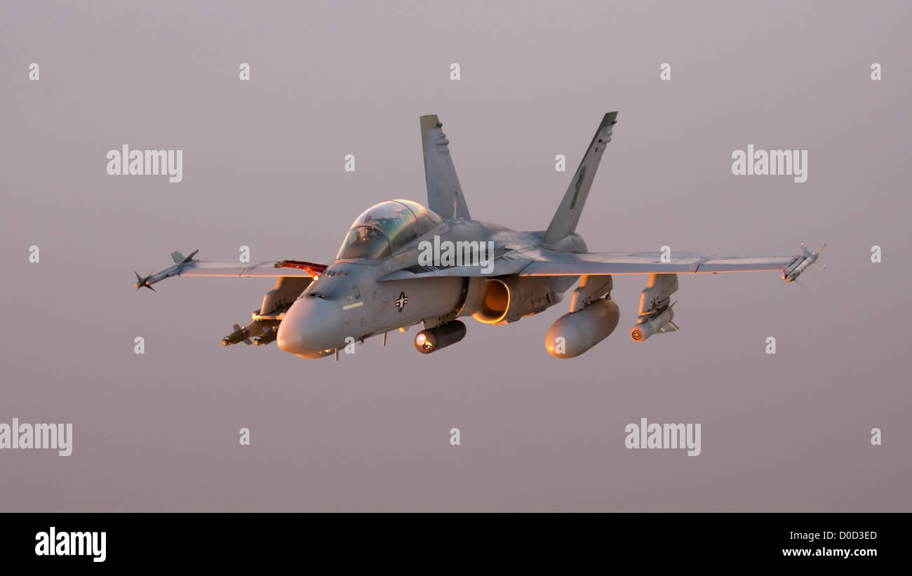 Air Air View US Marine Corps F/A-18D Hornet Miles Above Al Anbar Province Iraq Sunset During Combat Operation Stock Photo
