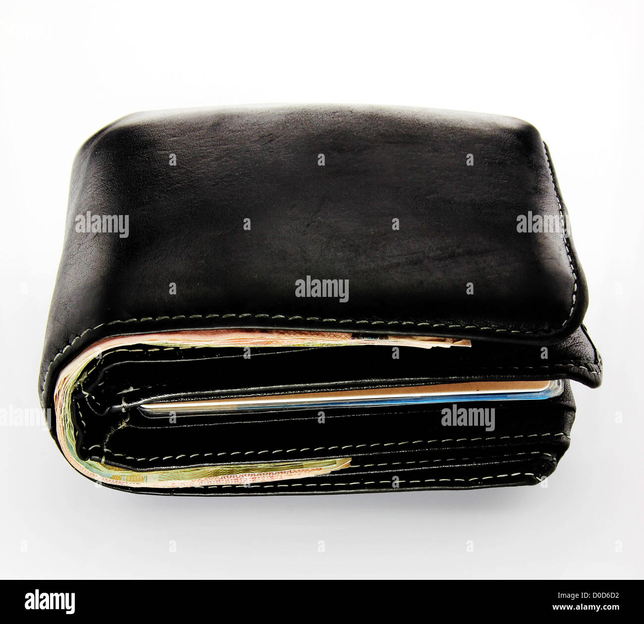 Old black wallet with credit cards and banknotes on white 