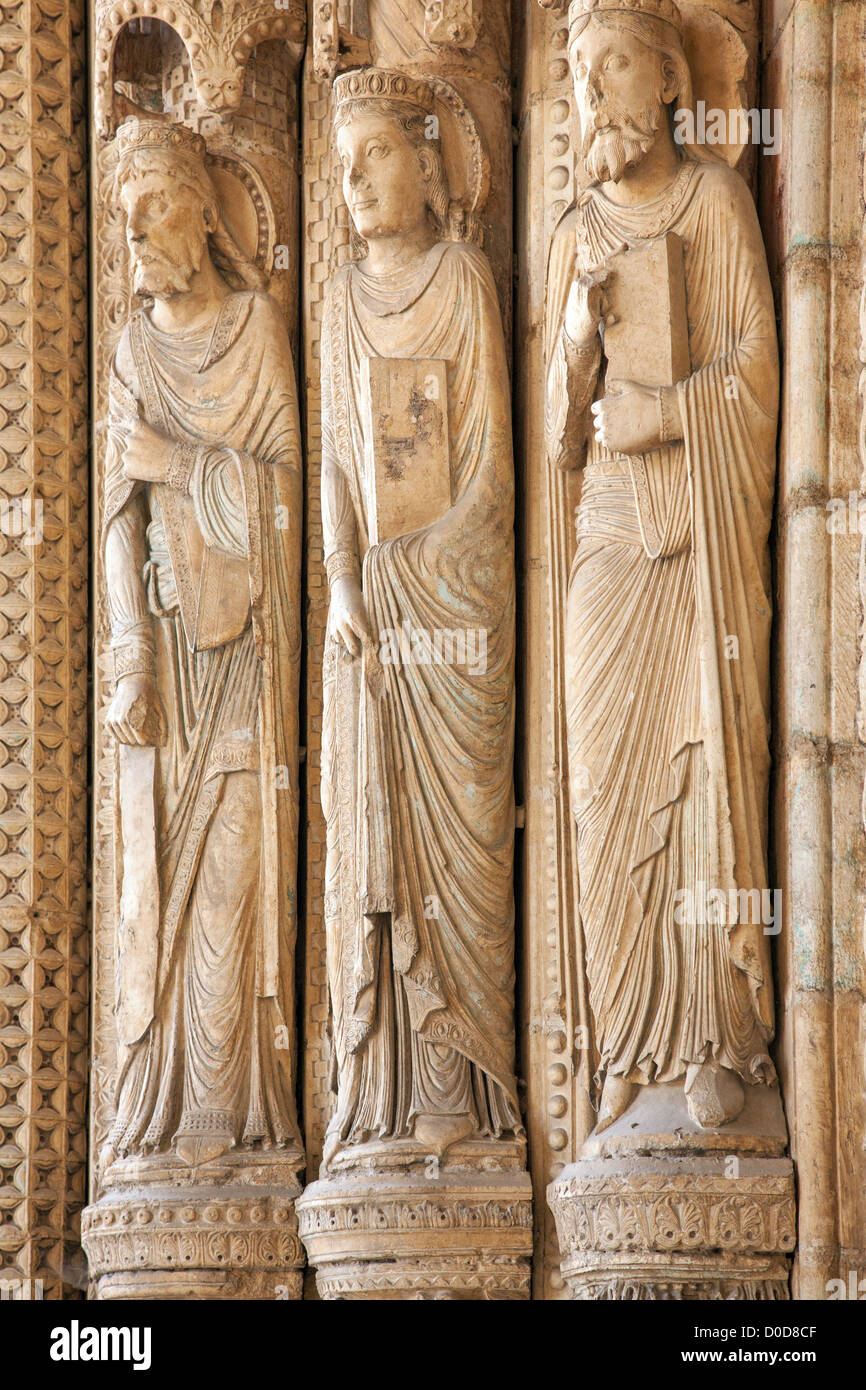 COLUMN STATUES IN SPLAY SOUTH PORCH CATHEDRAL SAINT-ETIENNE IN BOURGES GEM GOTHIC ARCHITECTURE LISTED AS WORLD HERITAGE SITE Stock Photo