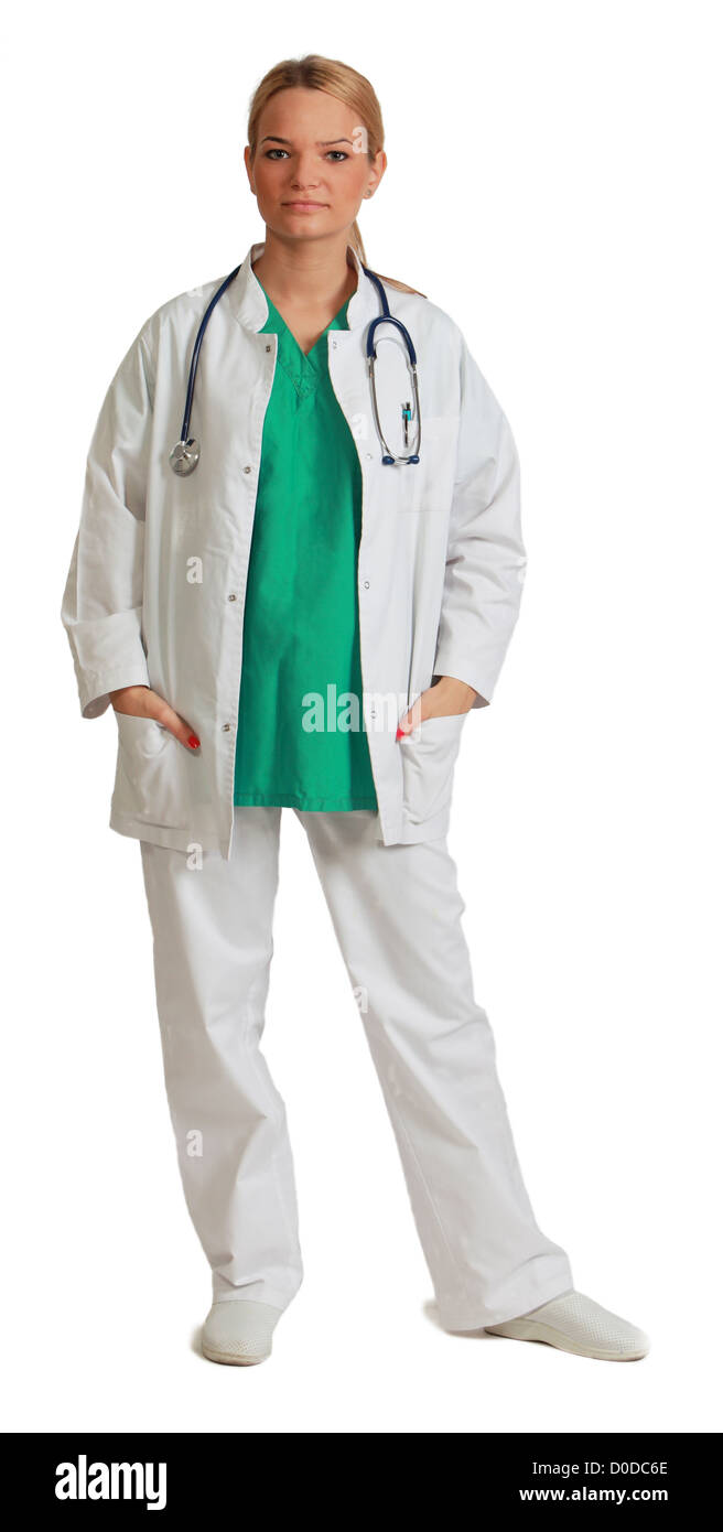 Image of a young blonde woman doctor isolated against a white ...