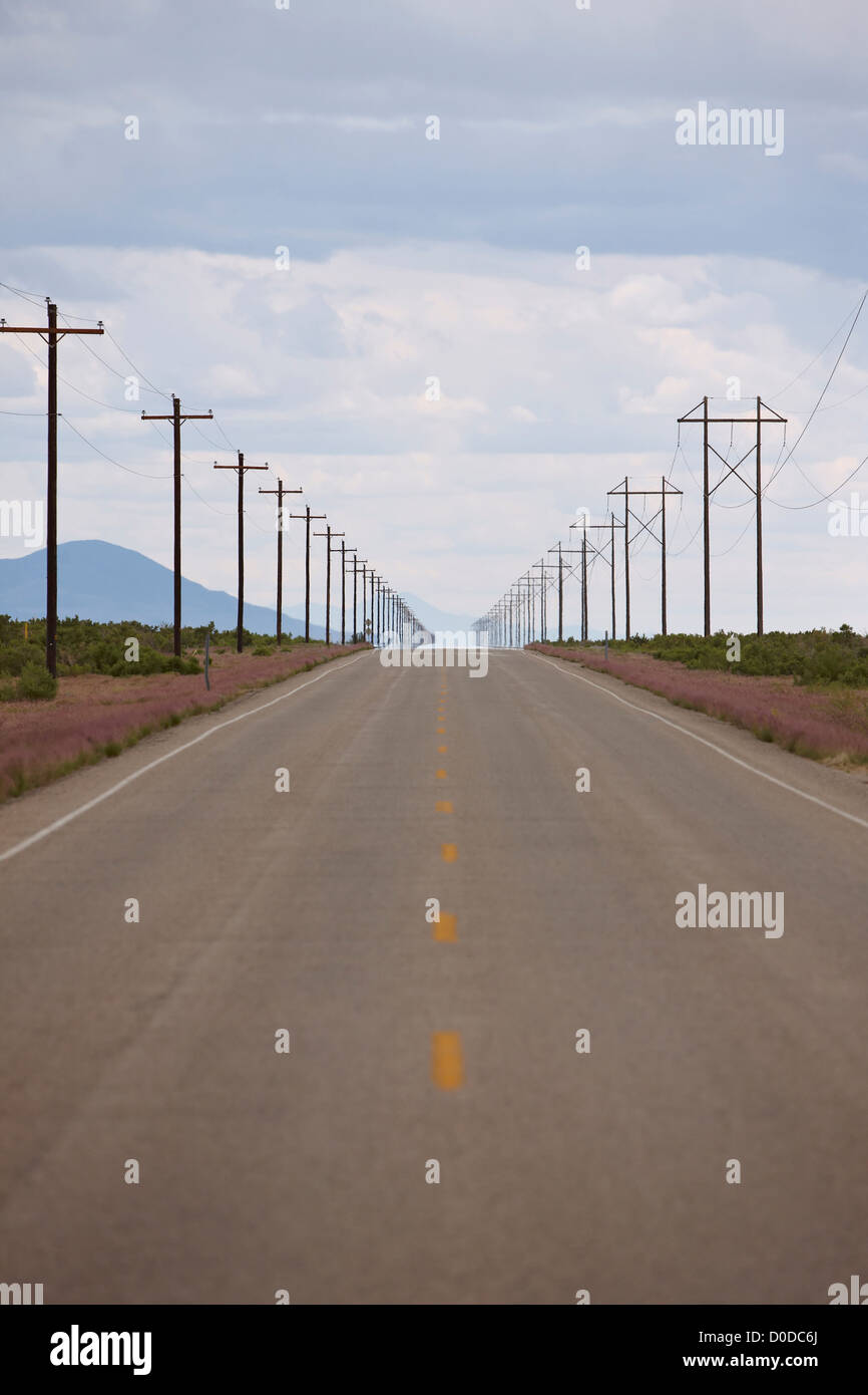 Open Road, Lined on Either Side By Power Lines Stock Photo