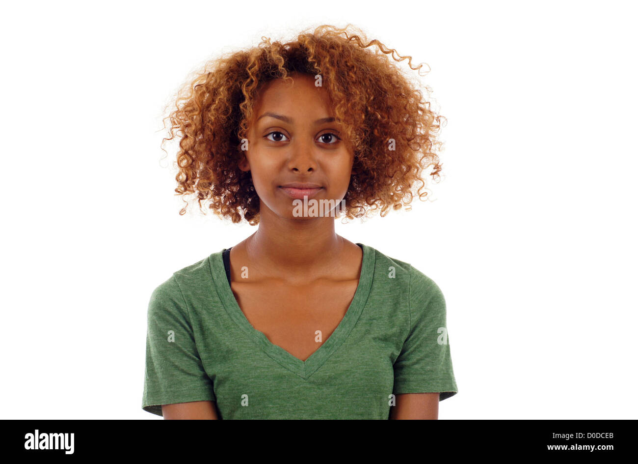 Pretty black woman closeup portrait isolated over white background ...