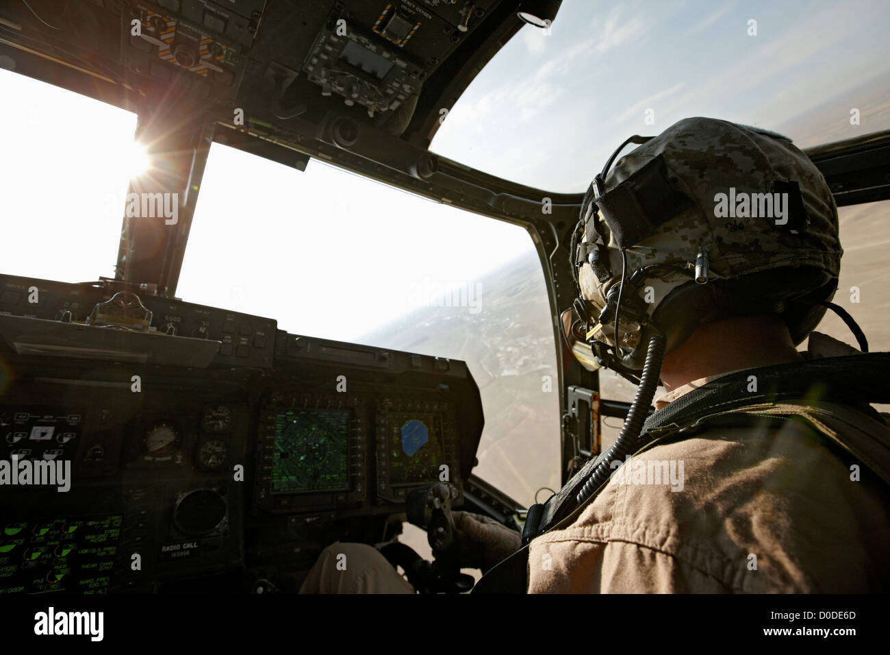 A U.S. Marine Corps aviator in cockpit MV22 Osprey during combat