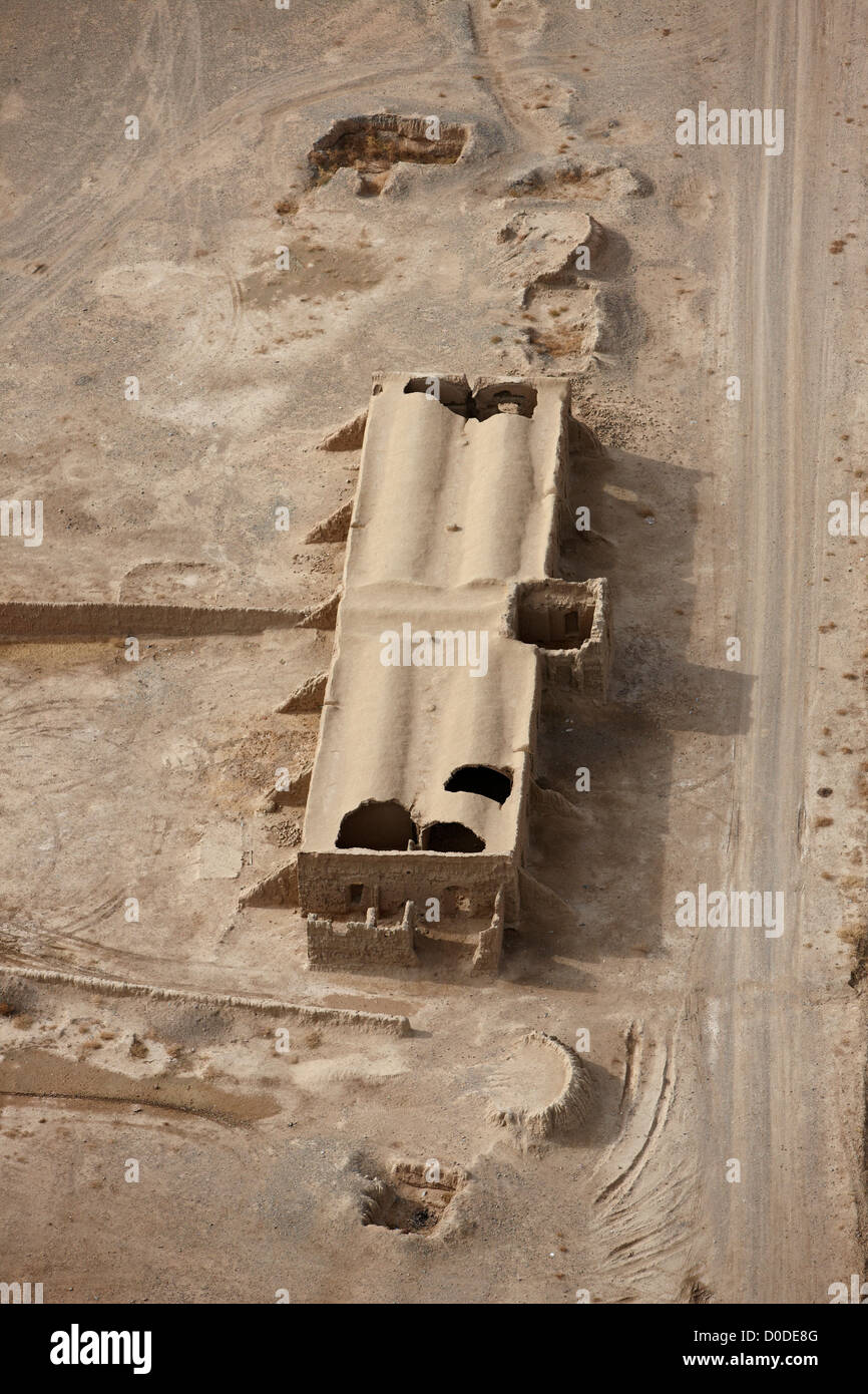 An aerial view of decaying earthen buildings, in Afghanistan's Kandahar Province. Stock Photo