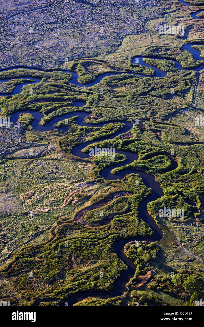 Aerial view Owens River near California showing meanders oxbow