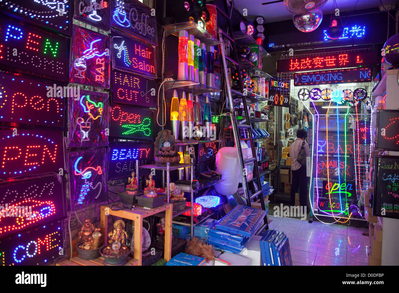 STORE SELLING LUMINOUS SIGNS DECORATIONS CHATUCHAK WEEKEND MARKET BIGGEST MARKET IN ASIA SPREADING OVER 30 ACRES BANGKOK Stock Photo